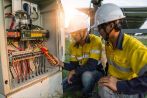 Technicians inspecting solar panel control box